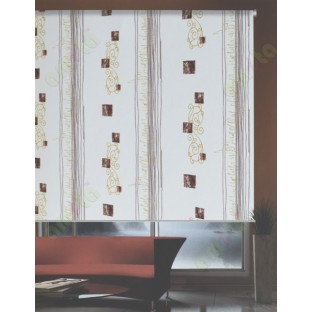 Brown yellow white color swirl with geometric design poly fab roller blind   109403